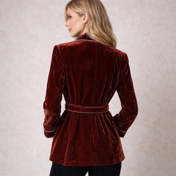 Barneys New York Italy Rust Burgundy Velvet Belted Blazer Jacket IT 42 US 6 - Picture 3 of 10